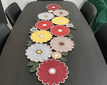 Flowered Table Runner, Hand Knit Rustic Table Runner, Farmhouse Decor, Fall Decor, Mother's Day Gift, Gift for Mom