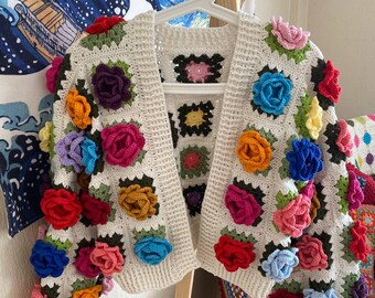 Colorful Fall Cardigan, Multi Color Rose Chunky Cardigan, Mommy and Me Cardigan, Granny Square Sweater, Wool Art Cardigan, Gift to Wife