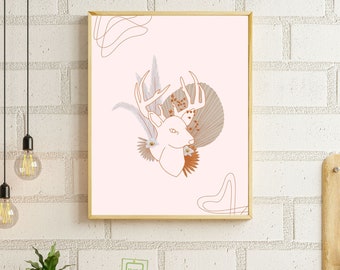 18x24in minimalistischer digitaler Kunstdruck, einfaches Hirschdesign, weiche Pastellästhetik, Wandkunst