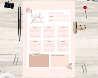 Wöchentlicher Tagesplaner, einfach minimalistisch, Standardgröße herunterladbare PDF druckbare Planer, Kalender, Dankbarkeit Journal, Self-Care