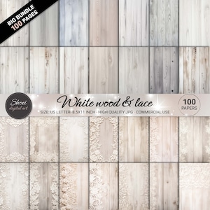White Wood & Lace Digital Papers - 100 fundos elegantes, JPG de alta qualidade, tamanho carta dos EUA, artesanato, scrapbooking, para impressão