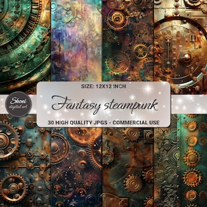 Puede incluir: Un paquete de papel digital con 30 imágenes de alta calidad con temática steampunk. Las imágenes presentan engranajes intrincados, texturas metálicas y una paleta de colores de inspiración fantástica, oro, marrón y verde azulado.