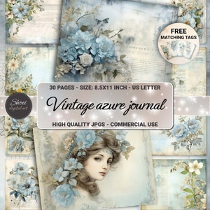 Kit de diario basura vintage - Papel viejo azul desgastado y sucio - Papel digital para álbumes de recortes - Papel para decoupage - Kit de técnica mixta Blue Rose -