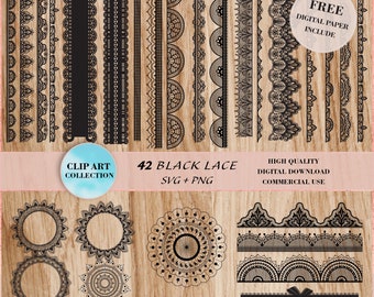 May include: A set of 42 black lace designs in SVG and PNG format. The designs include borders, frames, and other decorative elements. Free digital paper is included.