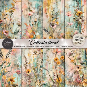Zarte florale digitale Papiere - 30 weiche Mixed Media Designs, Frühling Scrapbooking Hintergründe, printable 8.5x11, sanfte Blumenkunst JPG