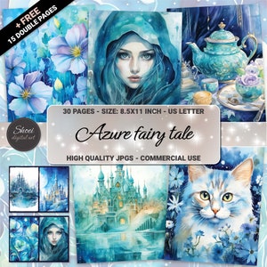 Collezione di arte digitale Enchanted Azure Teal Fantasy - Junk Journal, creazione di biglietti, tecniche miste, scrapbooking, acquerello, floreale