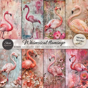 Skurrile Flamingo Digitale Papiere - 30 Pink Flamingo Designs, Tropisches Scrapbooking, Printable 8.5x11, Künstlerische Vogel Hintergründe JPG