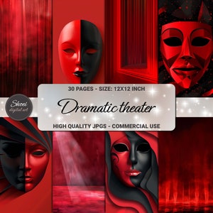 Paquete de papel digital de teatro dramático, fondos de máscaras rojas y negras, páginas imprimibles de arte escénico, kit de diario de recortes abstracto de 30 x 30 cm