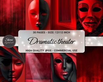 Theater Mask Digital Paper Pack: Red Black Stage Art (12x12, 30 JPG)