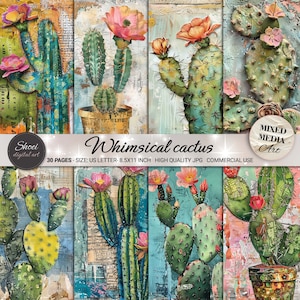 Papeles digitales de cactus caprichosos: 30 diseños divertidos de plantas desérticas, scrapbooking de técnica mixta, imprimibles, 8,5 x 11, cactus coloridos JPG