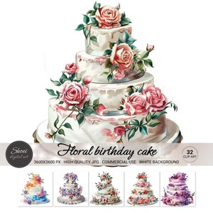 Clipart aquarelle de gâteau d'anniversaire floral | 32 modèles de gâteaux élégants avec des roses pour les célébrations, les menus et la décoration - Utilisation commerciale haute résolution