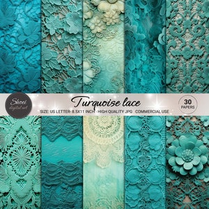 Türkise Spitze Digitale Papiere - 30 elegante Spitzen Designs, Scrapbooking Hintergründe, bedruckbar 8.5x11, Chic Crafting JPG