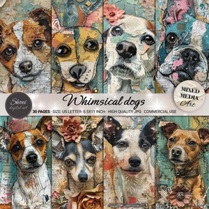 Carte digitali Whimsical Dogs - 30 disegni artistici di cani, sfondi per scrapbooking a tema cane, stampabili 8,5x11, carta per lavori artigianali per animali domestici, JPG