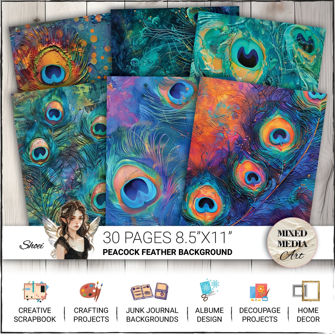 Printable Peacock Feathers Digital Paper, 30 Pages 8.5X11 Size for Junk ...
