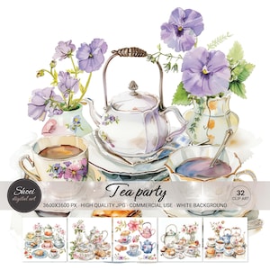 Teeparty Aquarell Clip Art | 32 elegante Tee-Set Illustrationen mit floraler Note für Einladungen, Kunsthandwerk & Dekor - hochauflösende kommerzielle Nutzung