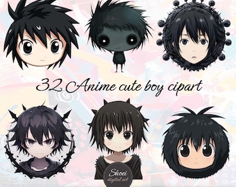 May include: Set of 32 digital clipart images featuring cute anime boys with different hairstyles and expressions. The images are in PNG format with transparent backgrounds and are 3600x3600 pixels in size.