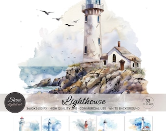 Lighthouse Clipart, Watercolor Coastal Lighthouse Art, Nautical Printable JPG, Seaside Home Decor, Ocean Illustration, Commercial Use
