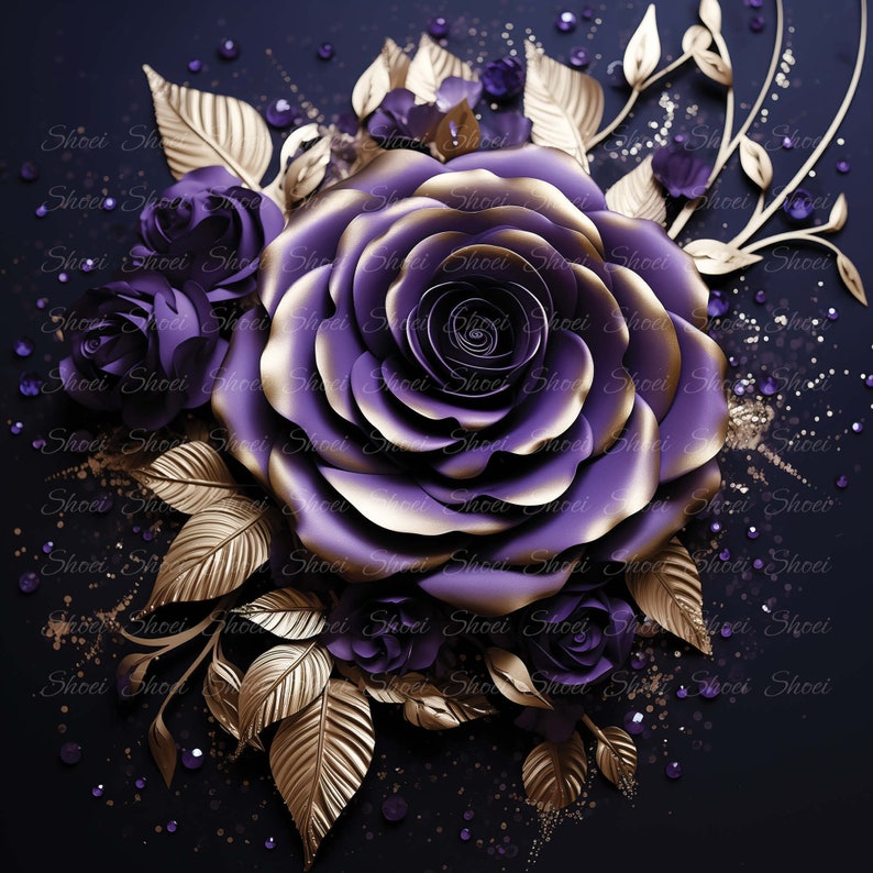 Purple Gold Floral Digital Paper: 3D Flowers Scrapbook Kit (12x12 Inch ...