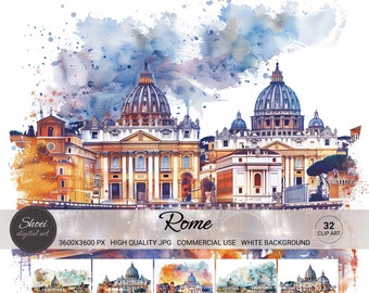 ローマの水彩画クリップアート：イタリアのランドマークアート、バチカン市国（32 JPG、商用利用可能）