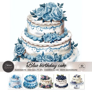 Blaue Geburtstagstorte Aquarell Clip Art | 32 Exquisite Torten Designs für Partydekor, Einladungen & Menükarten - hochauflösende kommerzielle Nutzung