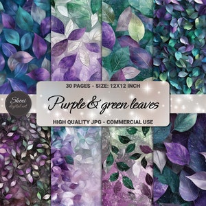 Elegante coleção de papel digital verde e roxo - Download instantâneo com 30 páginas para arte e scrapbooking