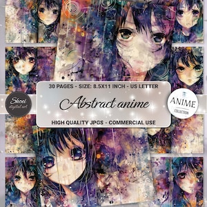Colección de papeles digitales abstractos morados con diseño de chicas de anime para diarios basura, álbumes de recortes, arte y manualidades: 30 páginas, uso comercial