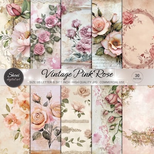 Vintage Pink Rose Digital Paper: Floral Scrapbook Backgrounds (8.5x11 JPG)