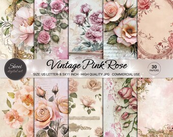 Vintage Pink Rose Digital Paper: Floral Scrapbook Backgrounds (8.5x11 JPG)