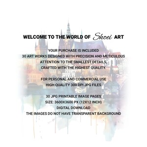 Prague watercolor clipart, old town cityscape illustration, Czech Republic printable art, gothic architecture digital image, white background.