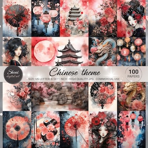 Chinese style Mixed Media Art Kit For Junk Journal, Digital Paper, Decoupage Paper, Scrapbooking Paper, Watercolor, Beauty, Red, Black, Gold