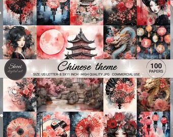 Chinese style Mixed Media Art Kit For Junk Journal, Digital Paper, Decoupage Paper, Scrapbooking Paper, Watercolor, Beauty, Red, Black, Gold