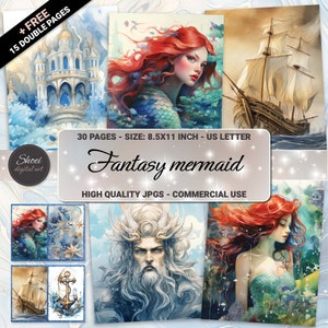 Mermaid Fantasy Under Sea 30 Pages 8.5X11 size For Junk Journal Backgrounds, Scrapbooking, Art and Craft, Commercial Use, Magic Fairy Tale, high quality 300 dpi JPG files
30 JPG Printable image pages (8.5X11 inch)