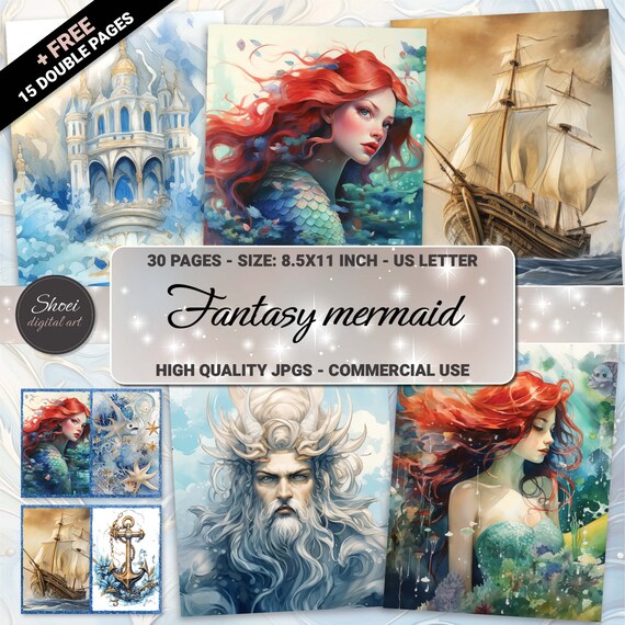 Mermaid Fantasy 30-Page Art: Junk Journal & Scrapbook (8.5x11) (Digital Download)
