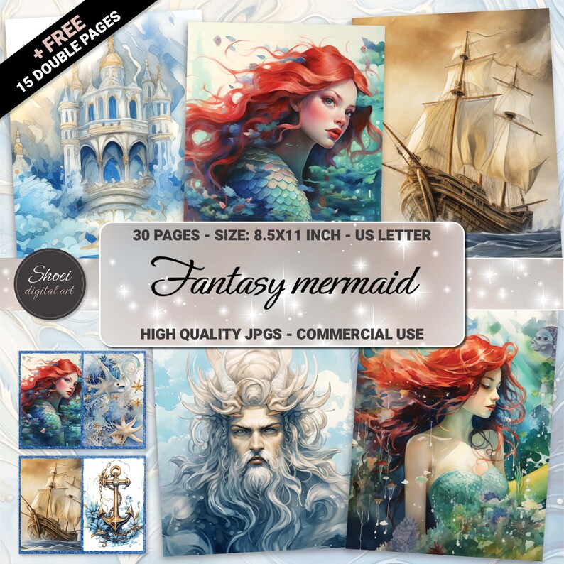 Mermaid Fantasy Under Sea 30 Pages 8.5X11 size For Junk Journal Backgrounds, Scrapbooking, Art and Craft, Commercial Use, Magic Fairy Tale, high quality 300 dpi JPG files
30 JPG Printable image pages (8.5X11 inch)
