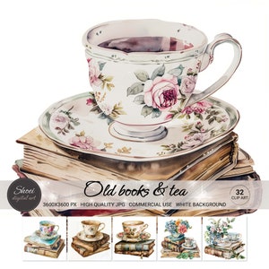 Old Books and Tea Clipart, Vintage Teacup & Book PNG, Watercolor Cozy Reading Art, Printable Ephemera, 32 JPG, Commercial Use