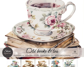 May include: A watercolour illustration of a teacup and saucer atop a stack of old books. The teacup and saucer are decorated with pink roses and green leaves. The books are brown and have a worn, vintage appearance.
