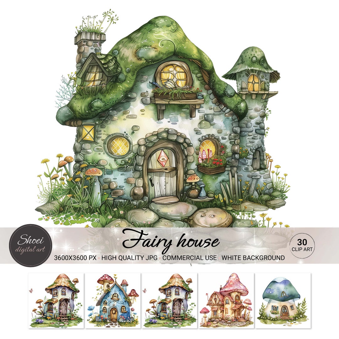 Watercolor Fairy House Clipart: Whimsical Cottage Art (JPG Digital ...