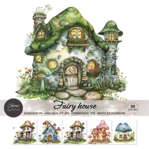 Fairy House Clipart, Watercolor Cottage Art, Whimsical Mushroom Home, Fantasy Printable, JPG Illustration, Scrapbook, Journal