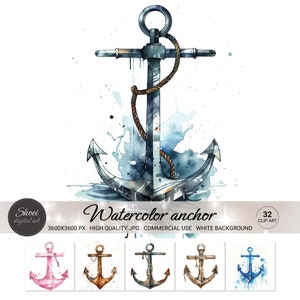 Clipart ancre aquarelle unique - décoration nautique, oeuvre d'art maritime, idéal pour les projets de bricolage et le scrapbooking - téléchargement immédiat JPG