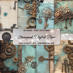 Paquete de papel digital Steampunk, fondos de llaves y engranajes vintage, páginas de álbumes de recortes antiguos, suministros para diarios en turquesa y bronce, 30 x 30 cm