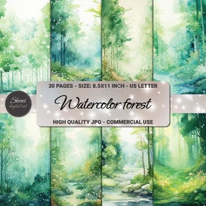 Watercolor Forest Digital Paper, 30 Pages 8.5x11 size For Junk Journal Backgrounds, Scrapbooking, Art and Craft, Printable Green landscape