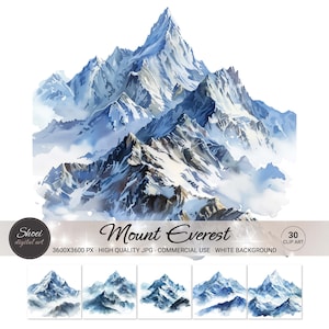 30 Mount Everest Watercolor Clipart Bundle - Arte digitale per album, creazione di biglietti, arte multimediale