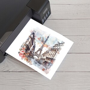 Paris watercolor clipart, Eiffel Tower illustration, cherry blossom art, French city print, printable JPG, white background.