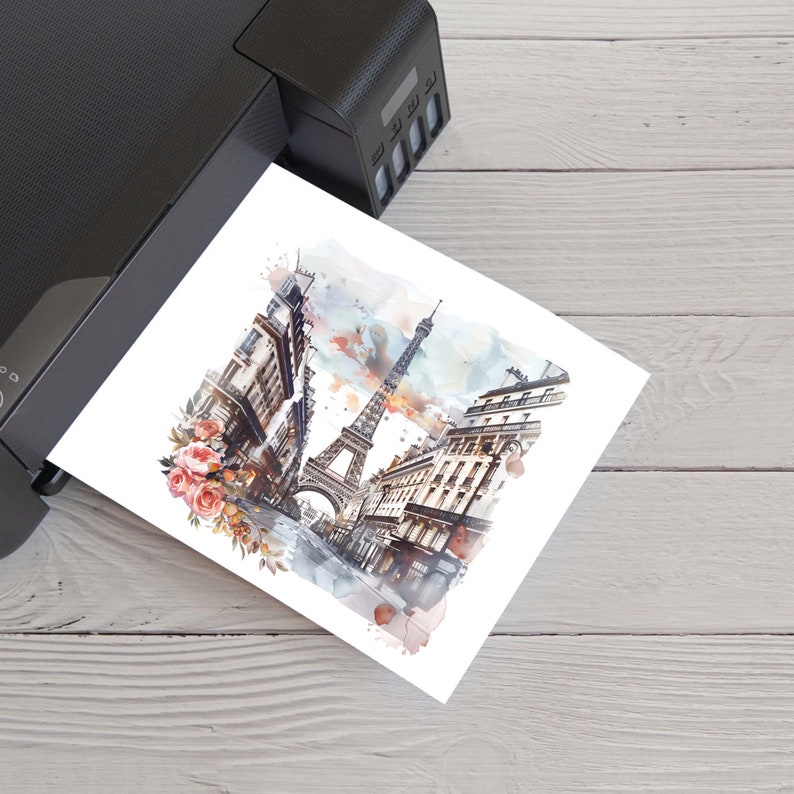 Paris watercolor clipart, Eiffel Tower illustration, cherry blossom art, French city print, printable JPG, white background.