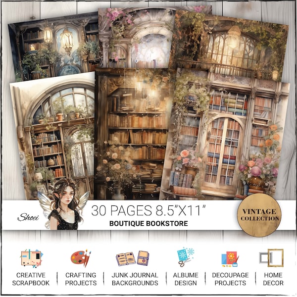 Book Store Enchanted Library Digital Paper, 30 Pages Portrait size For Junk Journal Backgrounds, Scrapbooking, Art and Craft, Commercial Use