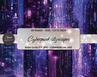 Cyberpunk Cityscapes Digital Paper: Neon Sci-Fi Backgrounds (Digital Download)
