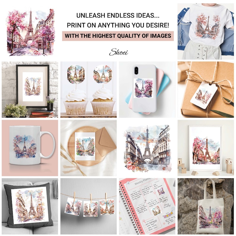 Paris watercolor clipart, Eiffel Tower illustration, cherry blossom art, French city print, printable JPG, white background.