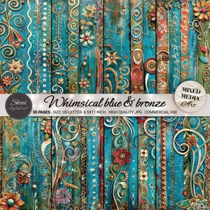Skurrile Blau & Bronze Digital Papiere - 30 Elegante Künstlerische Designs, Scrapbooking Hintergründe, Mixed Media Art, Printable 8.5x11, JPG