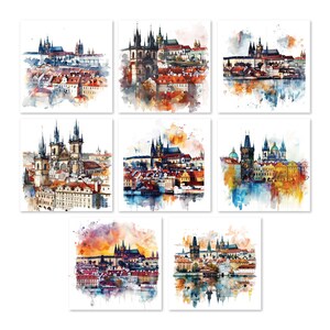 Prague watercolor clipart, old town cityscape illustration, Czech Republic printable art, gothic architecture digital image, white background.