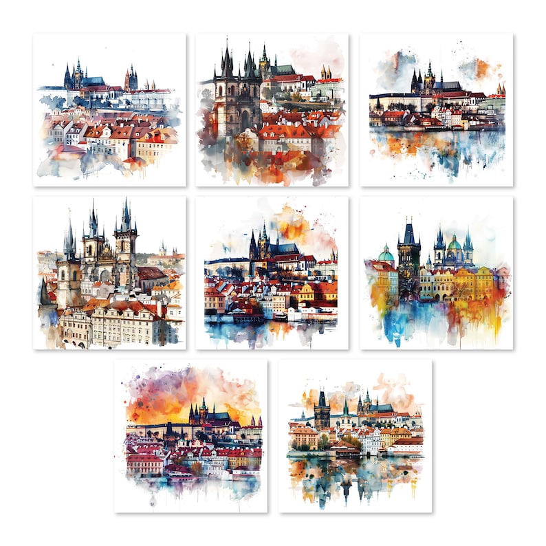 Prague watercolor clipart, old town cityscape illustration, Czech Republic printable art, gothic architecture digital image, white background.